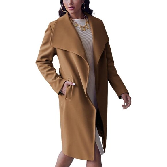 Women's Brown  Pea Long Jacket Open Front Belted Overcoat with Trench Coat - Picture 2 of 5